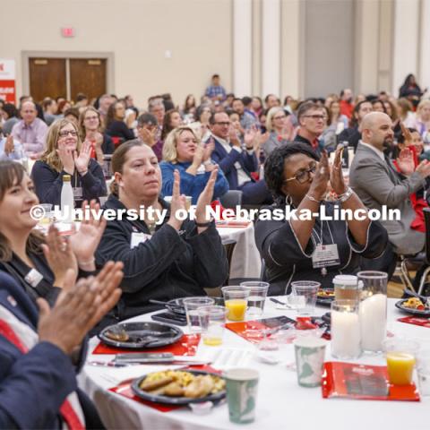 The crowd applauds Nebraska's Angela Mercurio, NCAA's 2019 Woman of the Year, who video steamed her thoughts at the State of Diversity summit. October 29, 2019. Photo by Craig Chandler / University Communication.