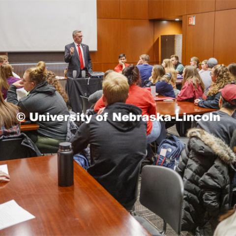 Chancellor Ronnie Green talks with the Chancellor's Leadership class Thursday. October 31, 2019. Photo by Craig Chandler / University Communication.