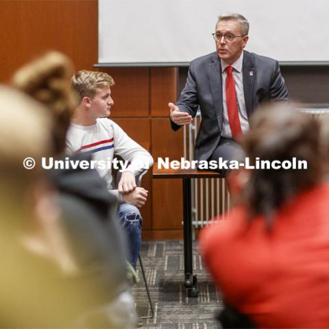 Chancellor Ronnie Green talks with the Chancellor's Leadership class Thursday. October 31, 2019. Photo by Craig Chandler / University Communication.