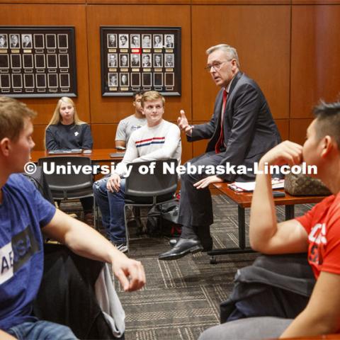 Chancellor Ronnie Green talks with the Chancellor's Leadership class Thursday. October 31, 2019. Photo by Craig Chandler / University Communication.