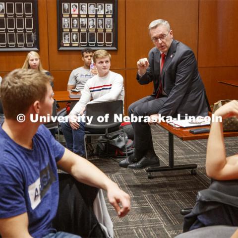 Chancellor Ronnie Green talks with the Chancellor's Leadership class Thursday. October 31, 2019. Photo by Craig Chandler / University Communication.