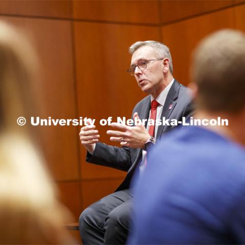 Chancellor Ronnie Green talks with the Chancellor's Leadership class Thursday. October 31, 2019. Photo by Craig Chandler / University Communication.