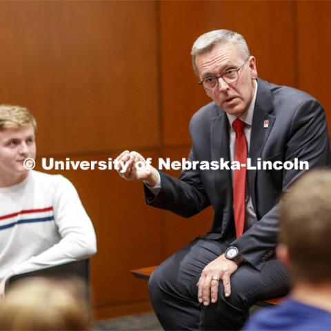 Chancellor Ronnie Green talks with the Chancellor's Leadership class Thursday. October 31, 2019. Photo by Craig Chandler / University Communication.