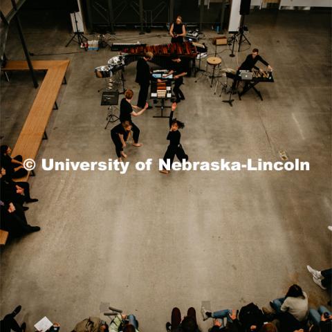 First Friday performances in the Johnny Carson Center for Emerging Media Arts, dance featuring the University of Nebraska Percussion Ensemble. November 1, 2019. Photo by Justin Mohling for University Communication.