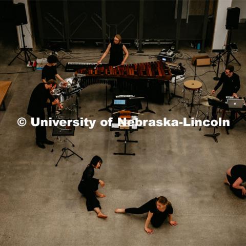 First Friday performances in the Johnny Carson Center for Emerging Media Arts, dance featuring the University of Nebraska Percussion Ensemble. November 1, 2019. Photo by Justin Mohling for University Communication.