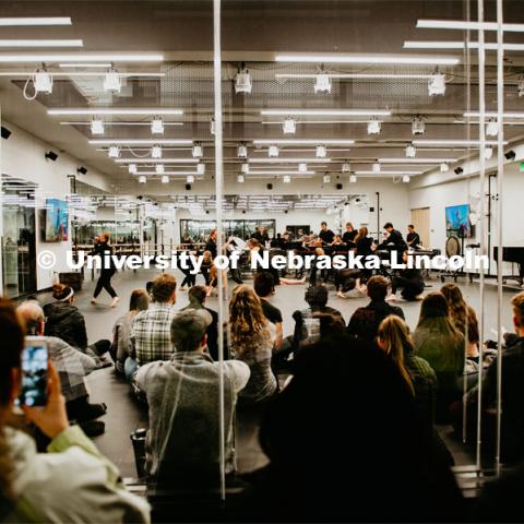 First Friday performances in the Johnny Carson Center for Emerging Media Arts, dance featuring the University of Nebraska Percussion Ensemble. November 1, 2019. Photo by Justin Mohling for University Communication.