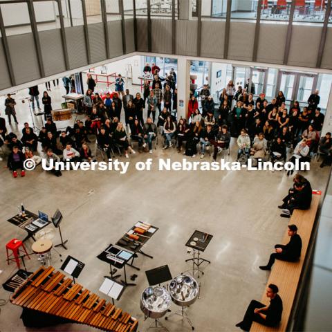 First Friday performances in the Johnny Carson Center for Emerging Media Arts, featuring the University of Nebraska Percussion Ensemble. November 1, 2019. Photo by Justin Mohling for University Communication.
