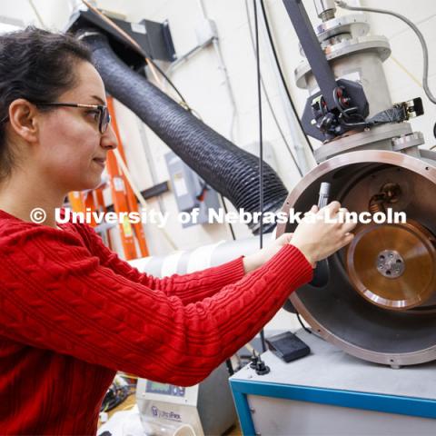 Soodabeh Azadehranjbar, a PhD student, works in the Scott Engineering Center. Mechanical and Materials Engineering photo shoot. November 5, 2019. Photo by Craig Chandler / University Communication.