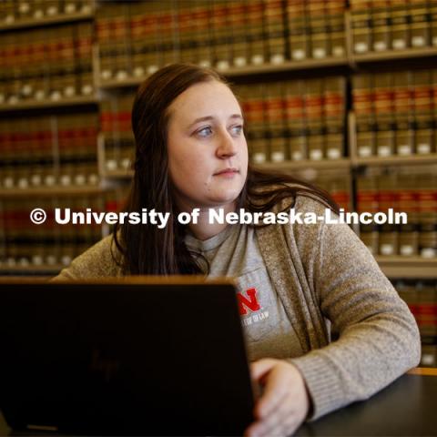Student studying in the Law Libraray. College of Law photo shoot. November 7, 2019. Photo by Craig Chandler / University Communication.