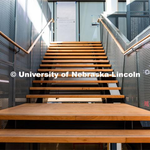 Main Stairs to the 2nd floor of the Johnny Carson School for Emerging Media Arts. November 12, 2019. Photo by Justin Mohling / University Communication.