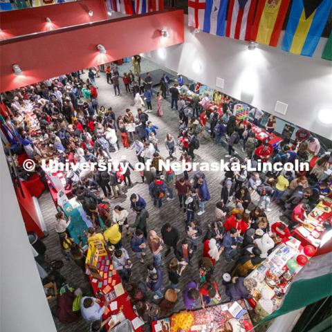 The third floor area of Memorial Stadium west was filled with student attending the Global Huskers Festival. The festival is a multicultural festival provides attendees the chance to explore the world through informational booths that will have food, cultural décor, art, and more, each hosted by UNL students from those culture. November 19, 2019. Photo by Craig Chandler / University Communication.