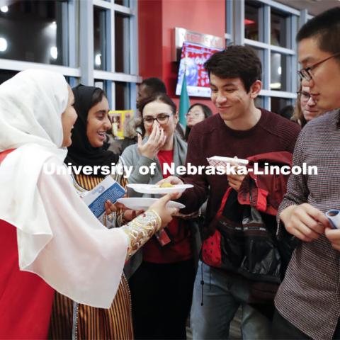 The lines were long and deep to sample cultural food at the various booths. Global Huskers Festival, a multicultural festival provides attendees the chance to explore the world through informational booths that will have food, cultural décor, art, and more, each hosted by UNL students from those culture. November 19, 2019. Photo by Craig Chandler / University Communication.