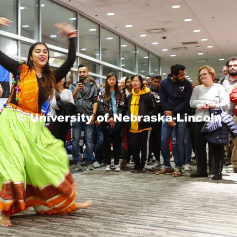 Niyukta Kanjaria performs a traditional Indian dance. Global Huskers Festival, a multicultural festival provides attendees the chance to explore the world through informational booths that will have food, cultural décor, art, and more, each hosted by UNL students from those culture. November 19, 2019. Photo by Craig Chandler / University Communication.