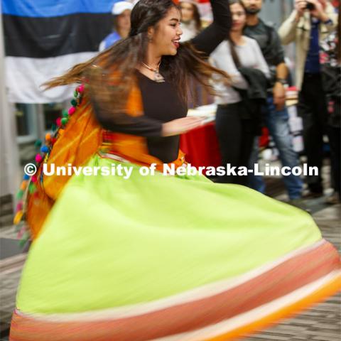 Niyukta Kanjaria performs a traditional Indian dance. Global Huskers Festival, a multicultural festival provides attendees the chance to explore the world through informational booths that will have food, cultural décor, art, and more, each hosted by UNL students from those culture. November 19, 2019. Photo by Craig Chandler / University Communication.