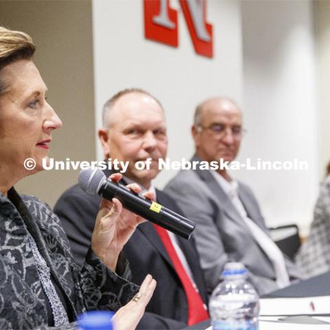 Senator Patty Pansing Brooks answers a question from moderator Associate Professor Rick Alloway. Breaking Through Politics: Meeting in the Middle is a panel discussion by 5 state senators on how they engage in civil discourse while working across the aisle. November 19, 2019. Photo by Craig Chandler / University Communication.