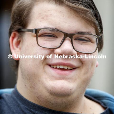 Dean Hohn, freshman in chemical engineering from Omaha, NE. Hohn mentioned Abby Sekle, Science Teacher and Academic Decathlon Coach at Omaha's Benson High School, as a teacher who greatly influenced him in high school. November 21, 2019. Photo by Craig Chandler / University Communication.