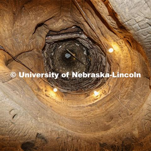 An air vent is carved into the ceiling of the cave. Professor Ricky Wood uses LIDAR to digitally map Robbers Cave in Lincoln. November 22, 2019. Photo by Craig Chandler / University Communication.