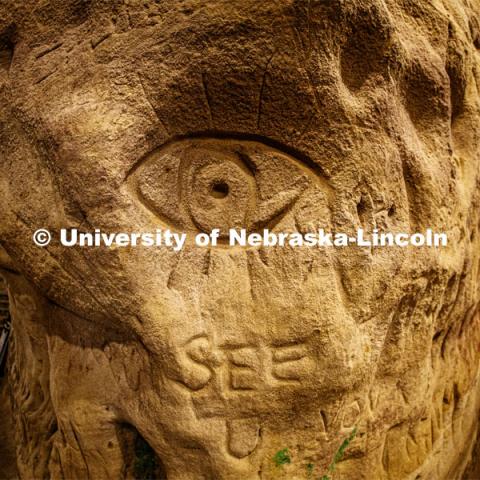 An eye watches visitors where two of the main tunnels intersect. Professor Ricky Wood uses LIDAR to digitally map Robbers Cave in Lincoln. November 22, 2019. Photo by Craig Chandler / University Communication.