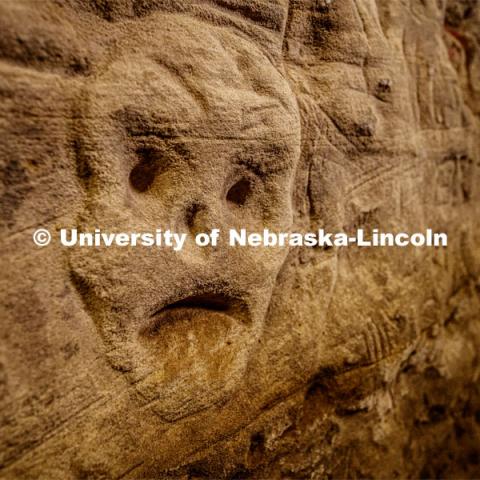 A face of a ghoul is among thousands of names carved on the sandstone walls. Professor Ricky Wood uses LIDAR to digitally map Robbers Cave in Lincoln. November 22, 2019. Photo by Craig Chandler / University Communication.