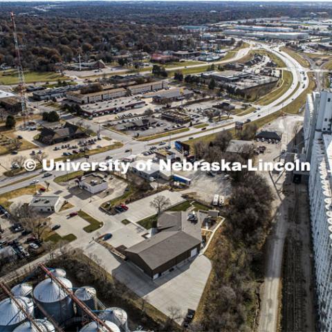 Robbers Cave lies under this area in southwest Lincoln. The entrance is through the now-closed brew pub and center bottom. Professor Ricky Wood uses LIDAR to digitally map Robbers Cave in Lincoln. November 22, 2019. Photo by Craig Chandler / University Communication.