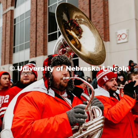 Sousaphone player Nathan McGahan at the Unity Walk. Nebraska vs. Iowa State University football game. November 29, 2019. Photo by Justin Mohling / University Communication.