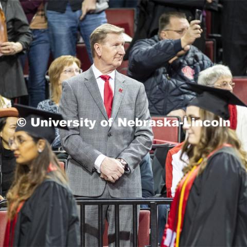 NU President watches undergrads enter the arena. December Undergraduate commencement at Pinnacle Bank Arena. December 21, 2019. Photo by Craig Chandler / University Communication.
