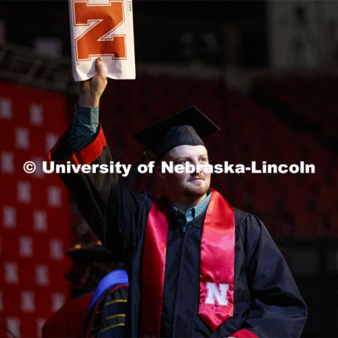 Nathan Woodrum celebrates his animal science degree. December Undergraduate commencement at Pinnacle Bank Arena. December 21, 2019. Photo by Craig Chandler / University Communication.