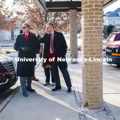 Chancellor Ronnie Green points out where the new Ruth Staples Child Development Lab will be built during Thursday morning's East Campus tour. NU President Ted Carter tours UNL campuses. January 16, 2020. Photo by Craig Chandler / University Communication.