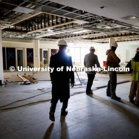 NU President Ted Carter tours the construction in the East Campus Union. January 16, 2020. Photo by Craig Chandler / University Communication.