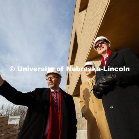 Chancellor Ronnie Green points out the CY Thompson Library renovation to NU President Ted Carter as they and Mike Boehm, Vice Chancellor Institute of Agriculture and Natural Resources, toured east campus Thursday. January 16, 2020. Photo by Craig Chandler / University Communication.