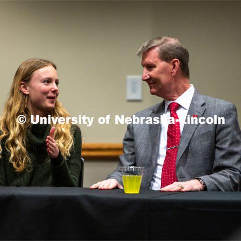 Student leaders talk with Ted Carter during the Jan. 16 pizza dinner in the Nebraska Union as part of his UNL tour. January 16, 2020. Photo by Justin Mohling / University Communication.