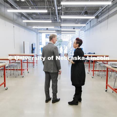 NU President Ted Carter listens as Megan Elliott, founding director of the Johnny Carson Center for Emerging Media Arts, describes the new center. NU President Ted Carter tours UNL campuses. January 17, 2020. Photo by Craig Chandler / University Communication.