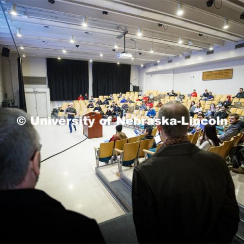 NU President Ted Carter watches part of a lecture in Westbrook Music Hall. UNL campuses. January 17, 2020. Photo by Craig Chandler / University Communication.