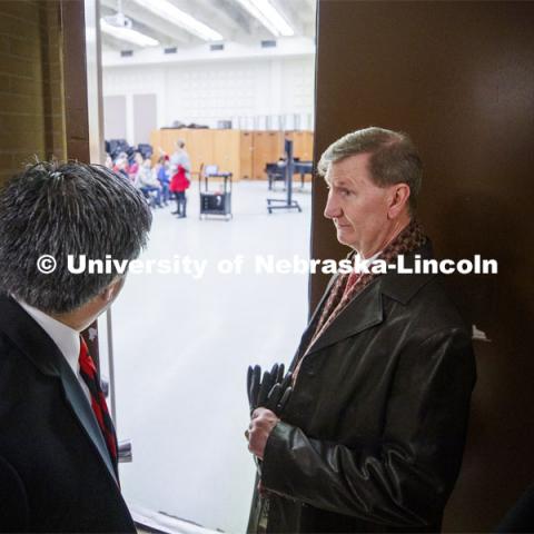 NU President Ted Carter listens as Sergio H. Ruiz, Director of the Glenn Korff School of Music and Professor of Music, describes the learning spaces in Westbrook Music Hall. UNL campuses. January 17, 2020. Photo by Craig Chandler / University Communication.