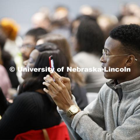 Temi Onayemi videos Ramarro Lamar's musical performance as part of the MLK Brunch featuring Ruby Bridges. This year’s program featured a special keynote address by American civil rights activist Ruby Bridges and the awarding of the annual Chancellor’s “Fulfilling the Dream” Award to Nebraska Law professor and interim dean Anna Shavers. January 22, 2020. Photo by Craig Chandler / University Communication.