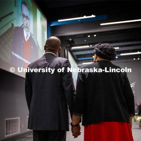 Marco Barker and Anna Shavers watch a video by UNL Chancellor Ronnie Green congratulating Shavers on being honored with the Fulfilling the Dream award. MLK Brunch featuring Ruby Bridges. This year’s program featured a special keynote address by American civil rights activist Ruby Bridges and the awarding of the annual Chancellor’s “Fulfilling the Dream” Award to Nebraska Law professor and interim dean Anna Shavers. January 22, 2020. Photo by Craig Chandler / University Communication.