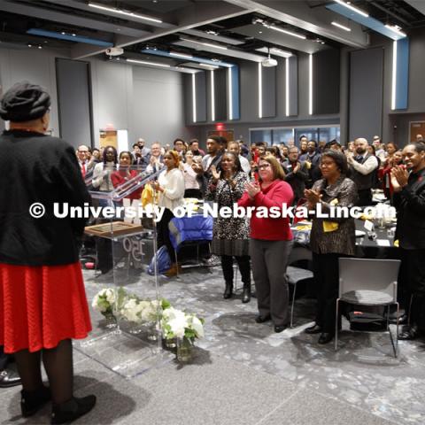 Anna Shavers receives a standing ovation on being honored with the Fulfilling the Dream award. MLK Brunch featuring Ruby Bridges. This year’s program featured a special keynote address by American civil rights activist Ruby Bridges and the awarding of the annual Chancellor’s “Fulfilling the Dream” Award to Nebraska Law professor and interim dean Anna Shavers. January 22, 2020. Photo by Craig Chandler / University Communication.