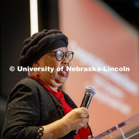 Anna Shavers speaks to the crowd. MLK Brunch featuring Ruby Bridges. This year’s program featured a special keynote address by American civil rights activist Ruby Bridges and the awarding of the annual Chancellor’s “Fulfilling the Dream” Award to Nebraska Law professor and interim dean Anna Shavers. January 22, 2020. Photo by Craig Chandler / University Communication.