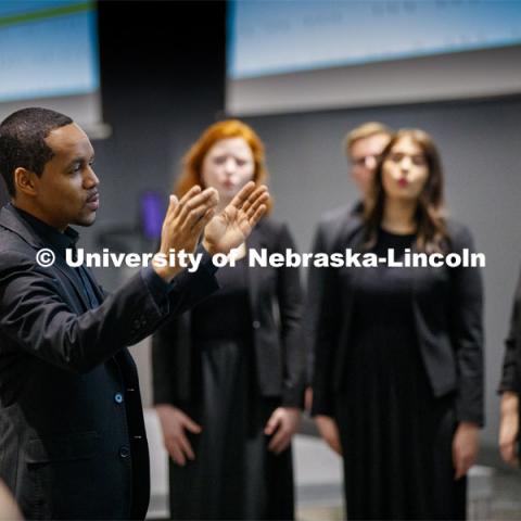 Marques Garrett, assistant professor of music, directs the UNL Chamber Singers. MLK Brunch featuring Ruby Bridges. This year’s program featured a special keynote address by American civil rights activist Ruby Bridges and the awarding of the annual Chancellor’s “Fulfilling the Dream” Award to Nebraska Law professor and interim dean Anna Shavers. January 22, 2020. Photo by Craig Chandler / University Communication.