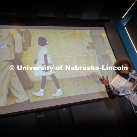 Ruby Bridges speaks on her experiences as a first grader being integrated into New Orleans public schools. Behind her is the Norman Rockwell painting depicting U.S. Marshalls escorting her to school. MLK Brunch featuring Ruby Bridges. This year’s program featured a special keynote address by American civil rights activist Ruby Bridges and the awarding of the annual Chancellor’s “Fulfilling the Dream” Award to Nebraska Law professor and interim dean Anna Shavers. January 22, 2020. Photo by Craig Chandler / University Communication.