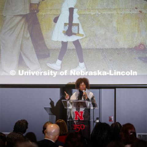 Ruby Bridges speaks on her experiences as a first grader being integrated into New Orleans public schools. Behind her is the Norman Rockwell painting depicting U.S. Marshalls escorting her to school. MLK Brunch featuring Ruby Bridges. This year’s program featured a special keynote address by American civil rights activist Ruby Bridges and the awarding of the annual Chancellor’s “Fulfilling the Dream” Award to Nebraska Law professor and interim dean Anna Shavers. January 22, 2020. Photo by Craig Chandler / University Communication.