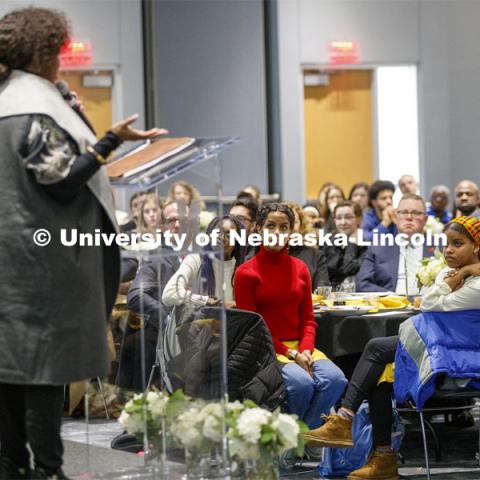 A crowd of 275 listen to Ruby Bridges. This year’s program featured a special keynote address by American civil rights activist Ruby Bridges and the awarding of the annual Chancellor’s “Fulfilling the Dream” Award to Nebraska Law professor and interim dean Anna Shavers. January 22, 2020. Photo by Craig Chandler / University Communication.
