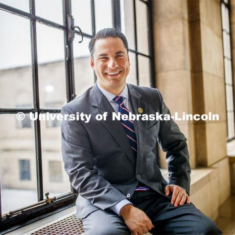 Heath Mello, lobbyist for University of Nebraska, is an avid chess player. He is shown in the state capitol. January 24, 2020. Photo by Craig Chandler / University Communication.