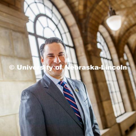 Heath Mello, lobbyist for University of Nebraska, is an avid chess player. He is shown in the state capitol. January 24, 2020. Photo by Craig Chandler / University Communication.