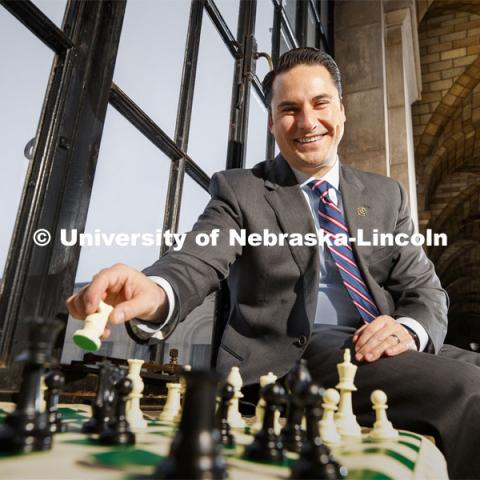 Heath Mello, lobbyist for University of Nebraska, is an avid chess player. He is shown in the state capitol. January 24, 2020. Photo by Craig Chandler / University Communication.