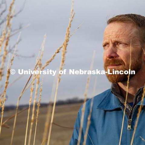 Anthony Schutz, pictured outside, Nebraska Law professor researching water rights. January 31, 2020. Photo by Craig Chandler / University Communication.