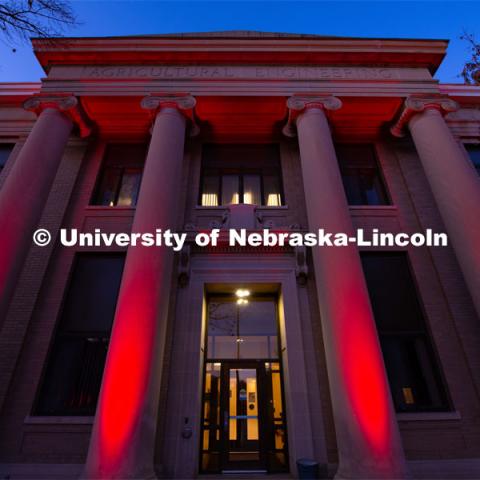 The buildings on East Campus are lit up red for Glow Big Red. February 13, 2020. Photo by Gregory Nathan / University Communication.