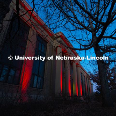 The buildings on East Campus are lit up red for Glow Big Red. February 13, 2020. Photo by Gregory Nathan / University Communication.