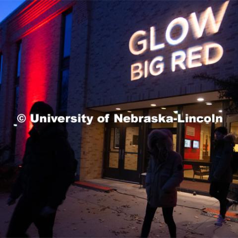 The buildings on East Campus are lit up red for Glow Big Red. February 13, 2020. Photo by Gregory Nathan / University Communication.