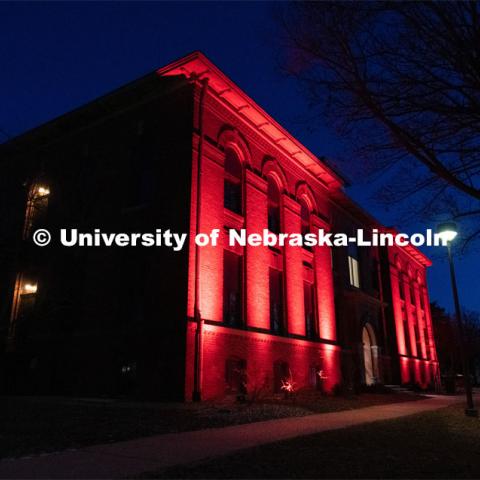 The buildings on East Campus are lit up red for Glow Big Red. February 13, 2020. Photo by Gregory Nathan / University Communication.